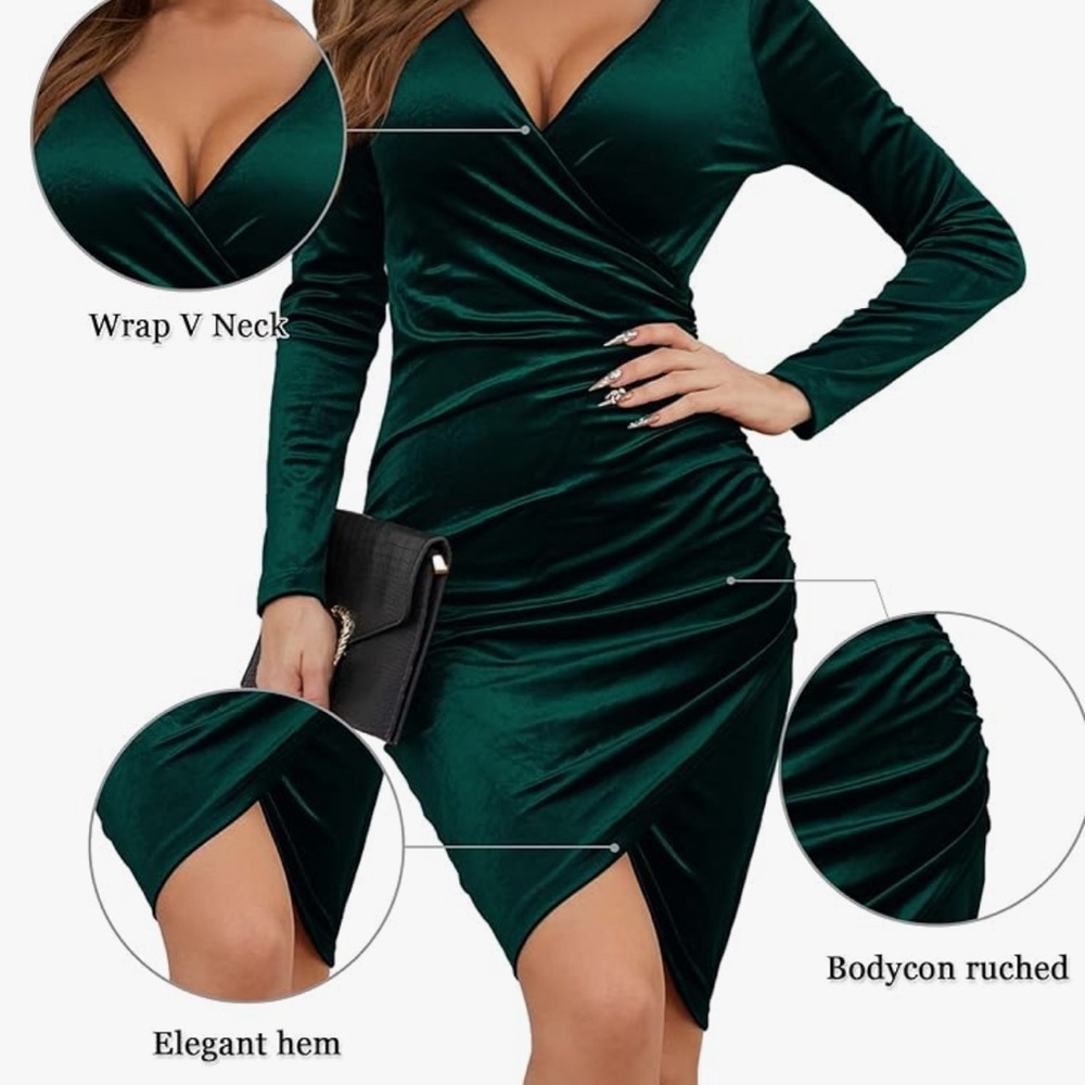 Women’s Wrap V Neck Long Sleeve Velvet Bodycon Ruched Dress. Size XL. Brand New!